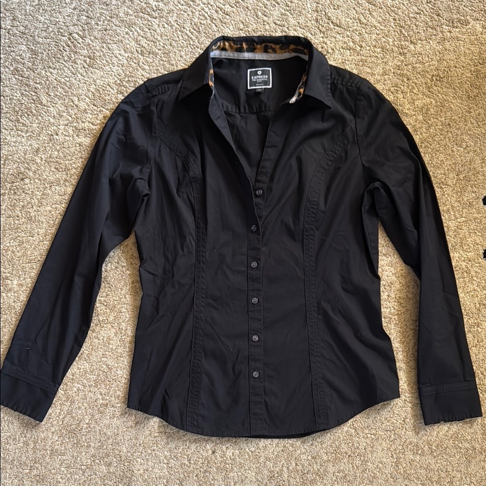 Express Black Shirt with Leopard Trim
